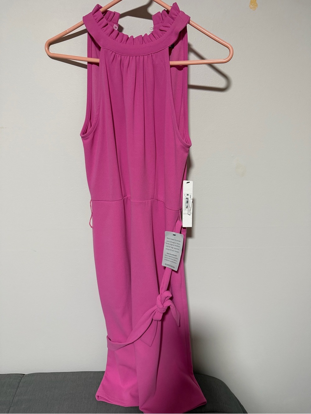 Sleeveless Ruffle-Neck Midi Dress in Fuchsia